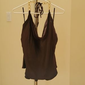 Bebe Chocolate and Gold Chain Satin Halter Top